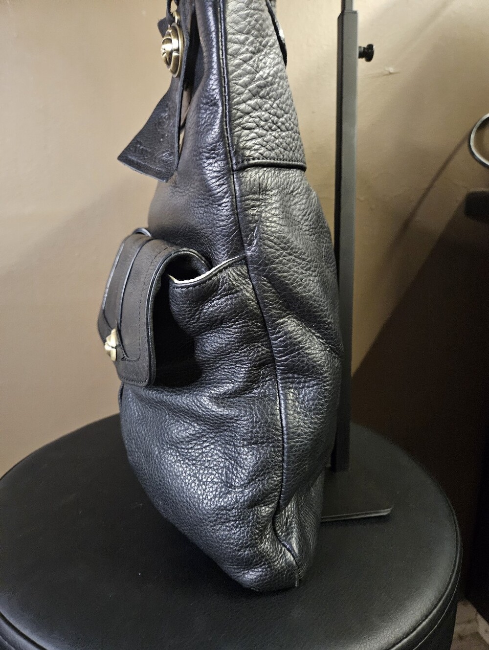 Rough Roses Multi Pocket Slouchy Leather Handbag- Black - Picture 5 of 11